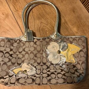 Coach Brown and Gold Tote with Floral Design